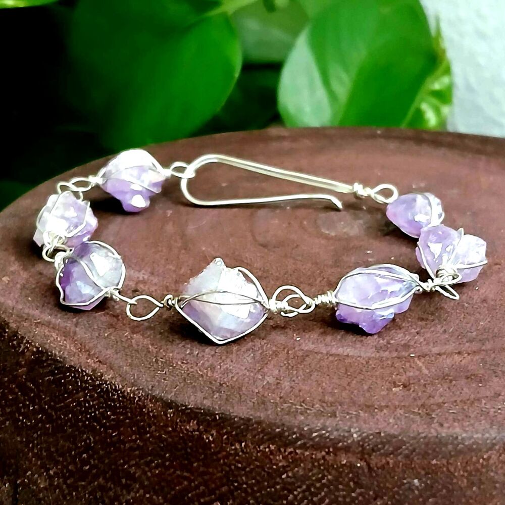Aura Amethyst Crystal Bracelet, Wire Wrapped, 8" Boho Statement - Picture 7 of 8